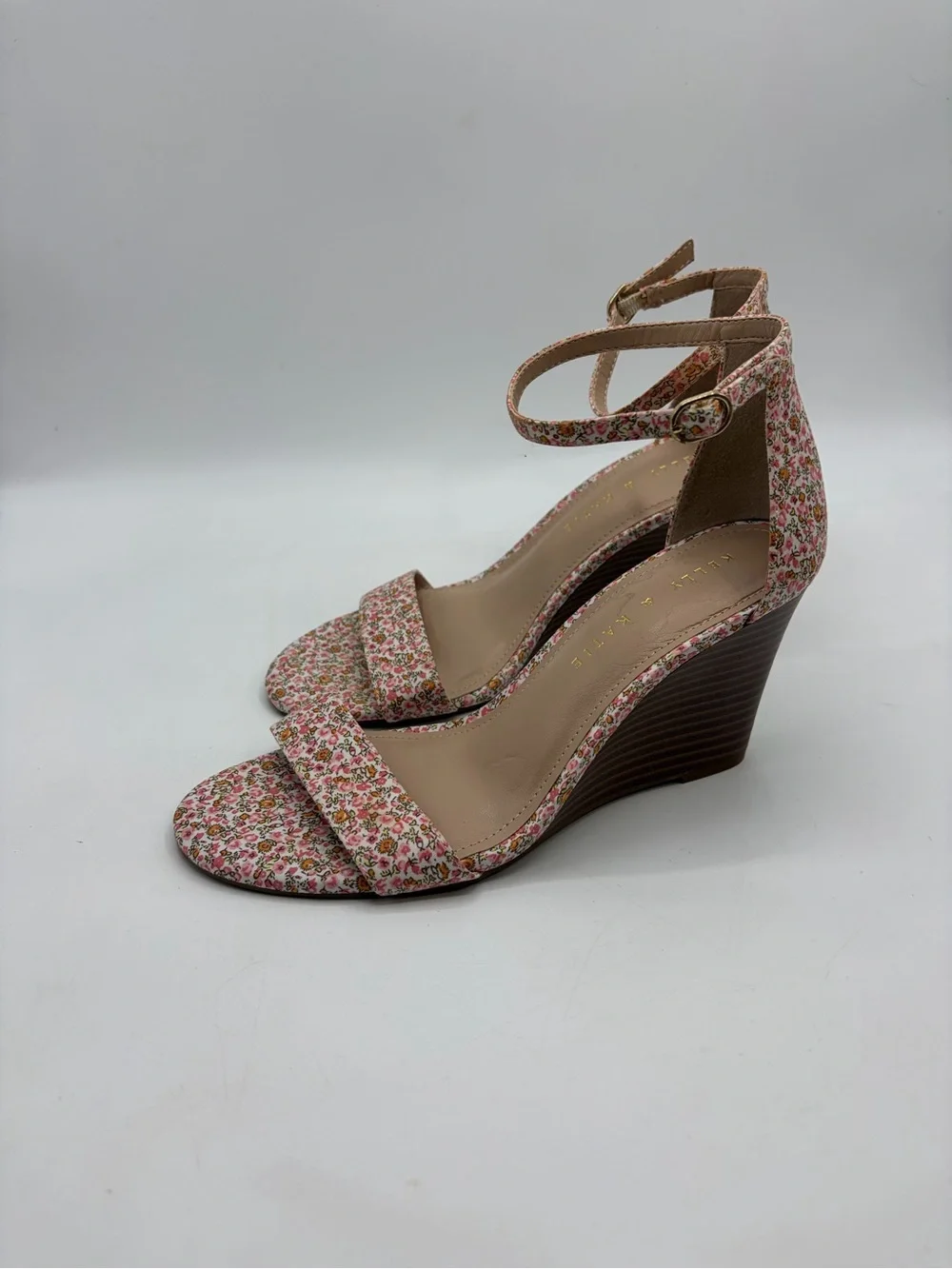 Floral Pink Ankle-Strap Wedge Sandals Size 8